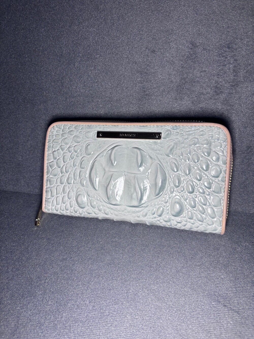 Brahmin Croc Embossed Zip Around Wallet Light Blue with Pink Trim